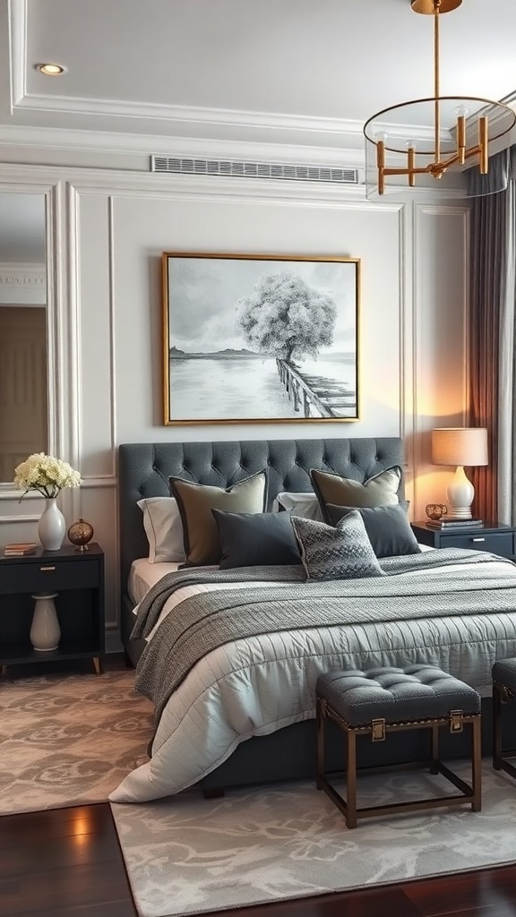 A luxurious bedroom featuring a stylish bed, elegant artwork, and tasteful decor.