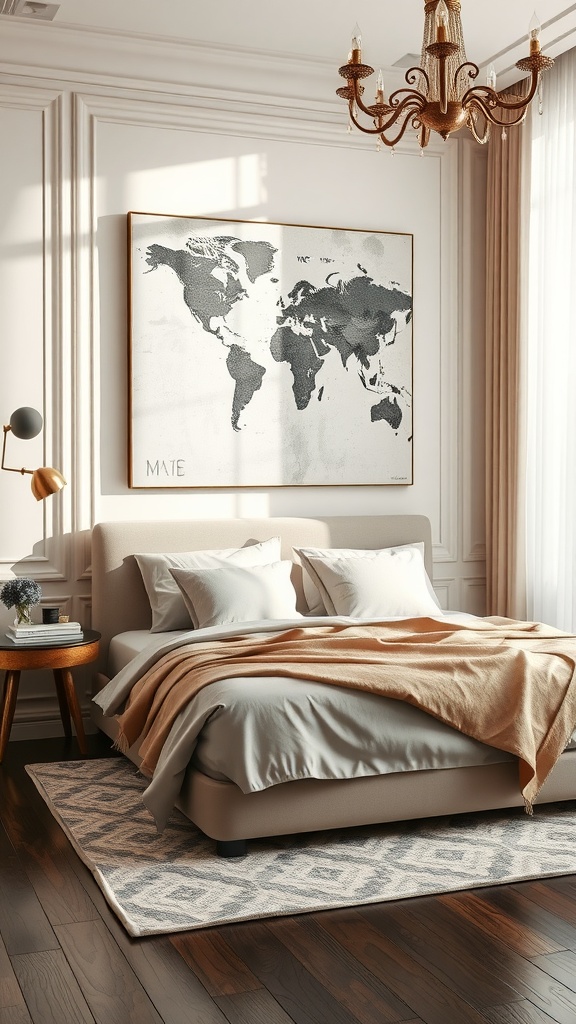 A modern bedroom featuring a world map artwork above the bed, creating a stylish and inviting space.