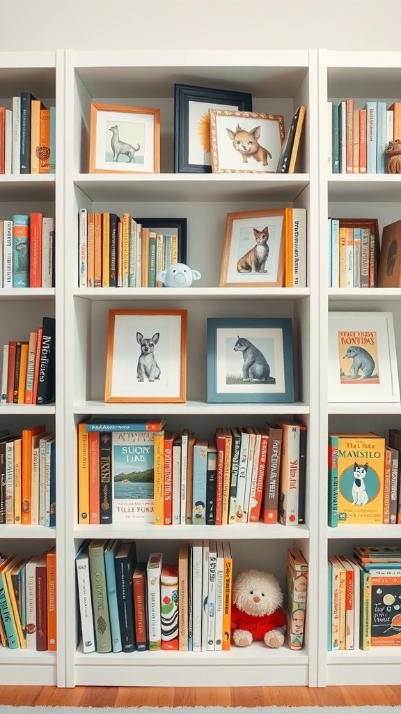 A colorful nursery bookshelf displaying books and framed animal artwork.