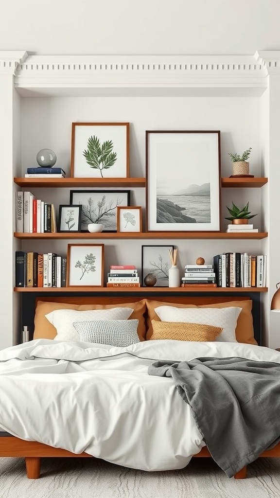 A cozy bedroom with a bookshelf featuring framed artwork and plants, creating a warm and inviting atmosphere.