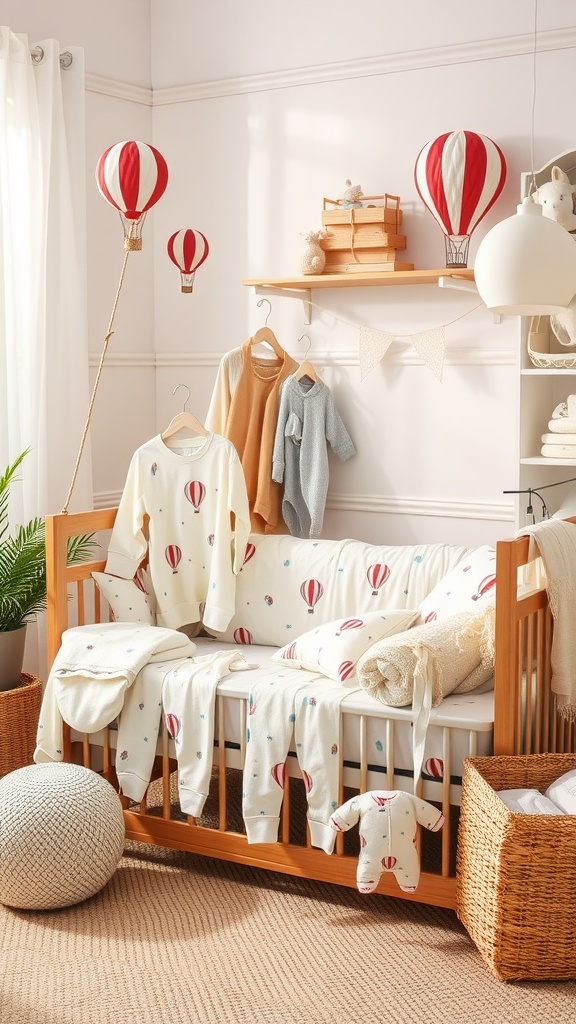 A cozy nursery featuring hot air balloon-themed baby clothes and decor.
