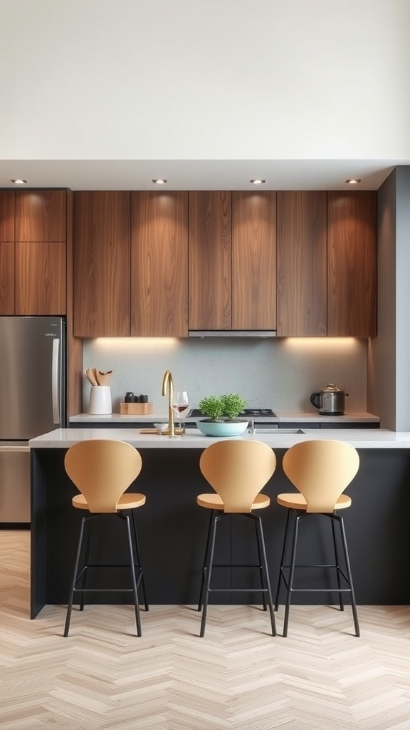 Modern kitchen with black and wood cabinetry and three stylish bar stools
