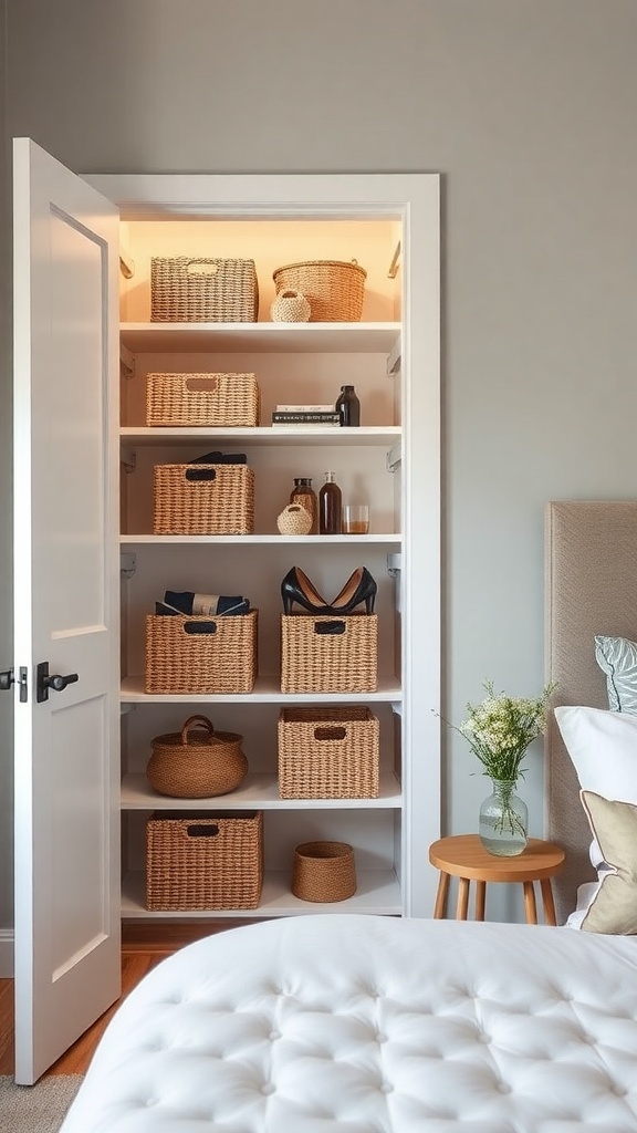A neatly organized closet with various baskets on shelves