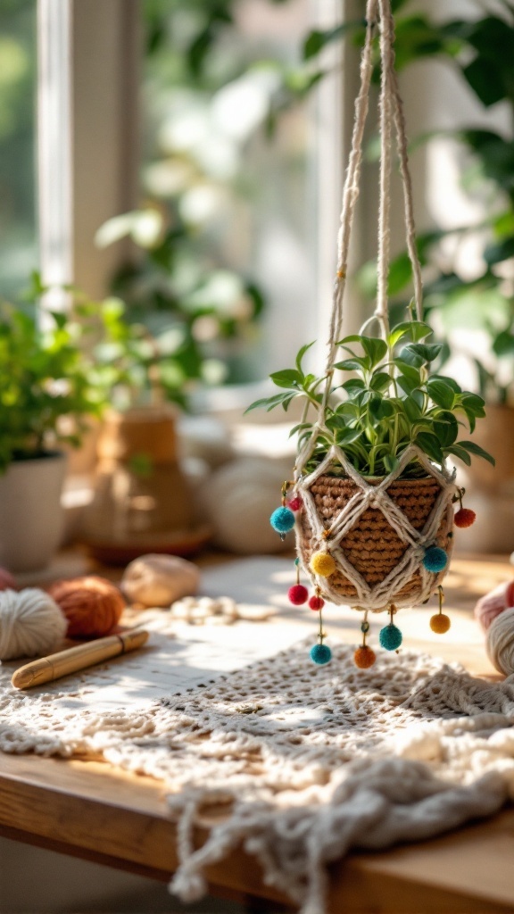 A crochet plant hanger with colorful beads, featuring a small plant, set on a wooden table with yarn and a cozy backdrop.