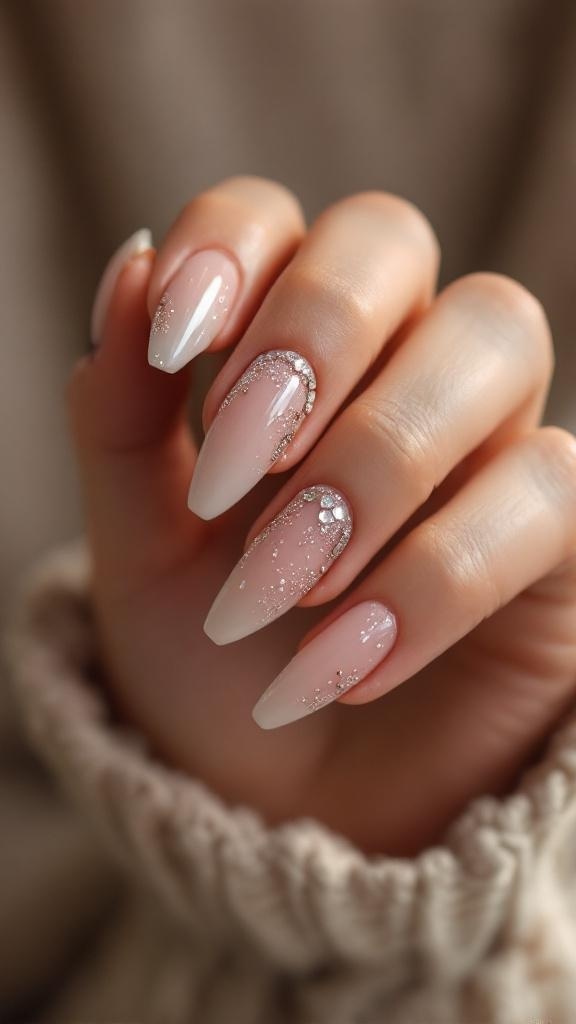 Stylish buchona nails with an ombre effect and glitter accents