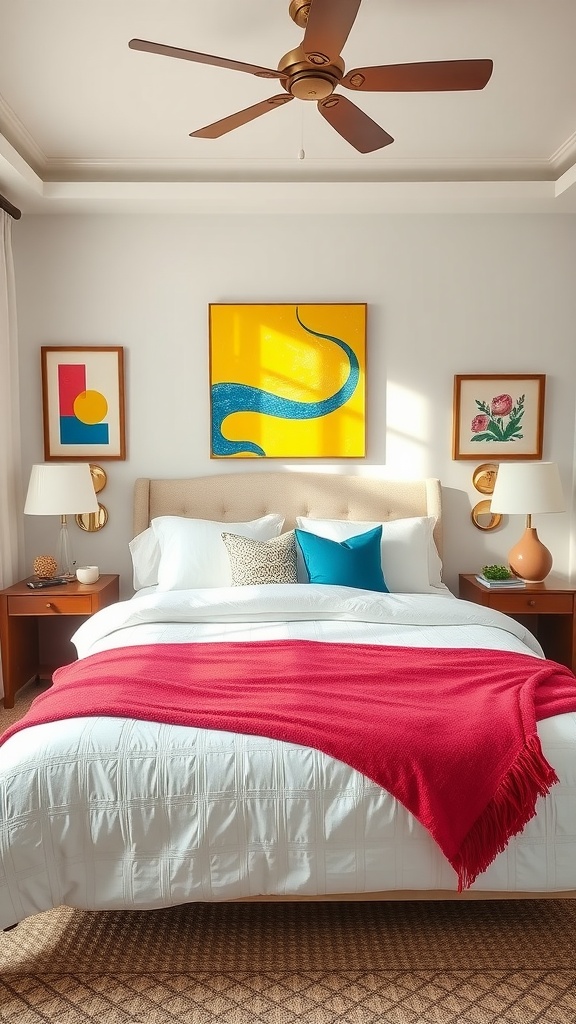 A bright and inviting primary bedroom featuring a red throw blanket, colorful artwork, and a cozy atmosphere.
