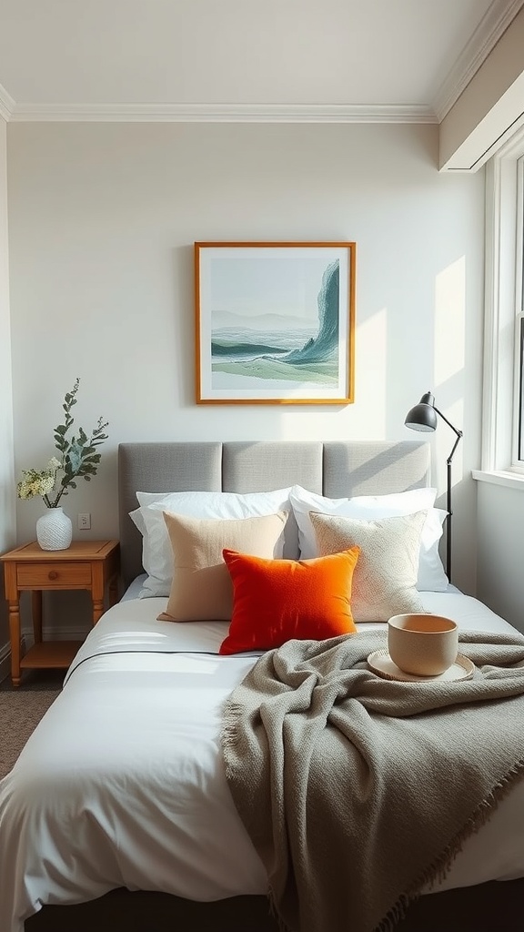A cozy bedroom featuring a bed with white bedding, an orange accent pillow, and a piece of landscape artwork on the wall.