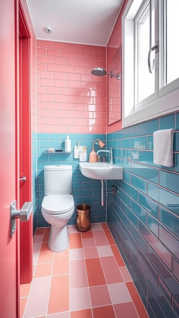 A small modern bathroom featuring coral pink and turquoise tiles with a bright red door.