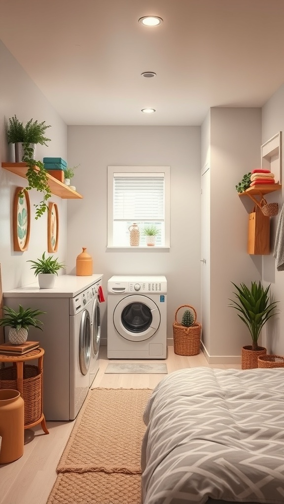 A bright and welcoming small utility room with recessed lighting, a window, and decorative plants.