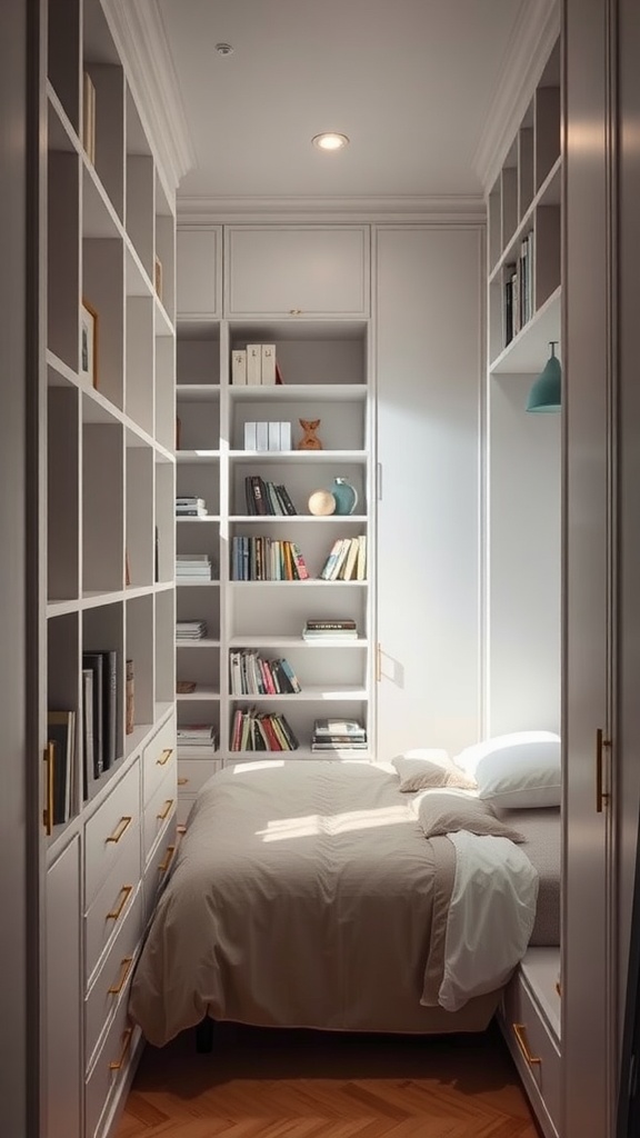 A narrow bedroom featuring built-in shelving with books and decorative items, alongside a neatly made bed.