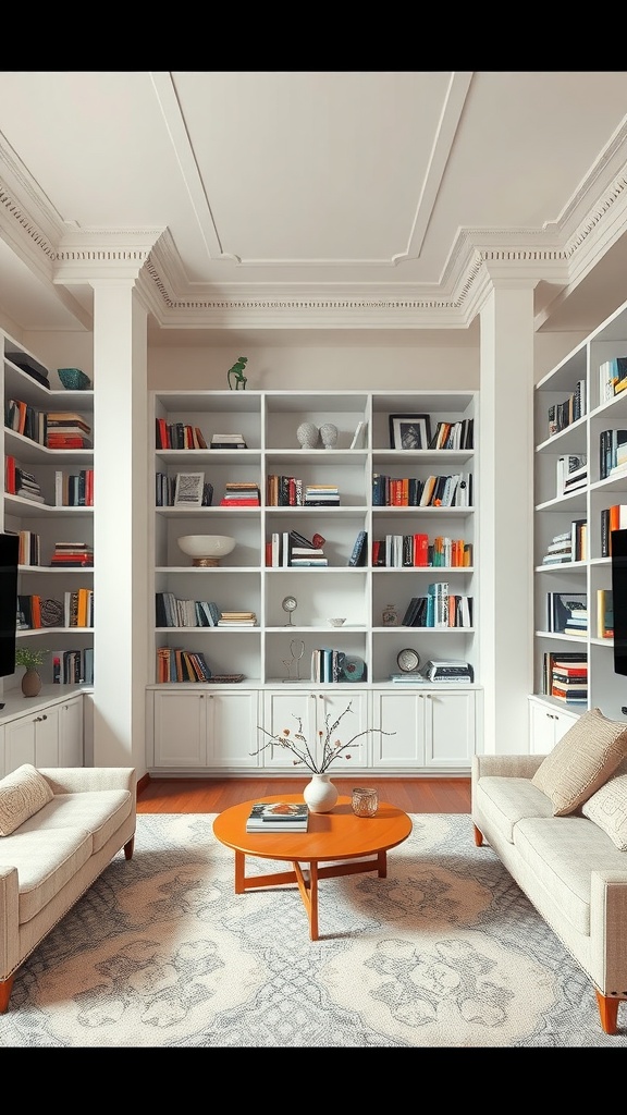 A cozy long rectangle living room with built-in shelving filled with books and decorative items, featuring two armchairs and a round coffee table.