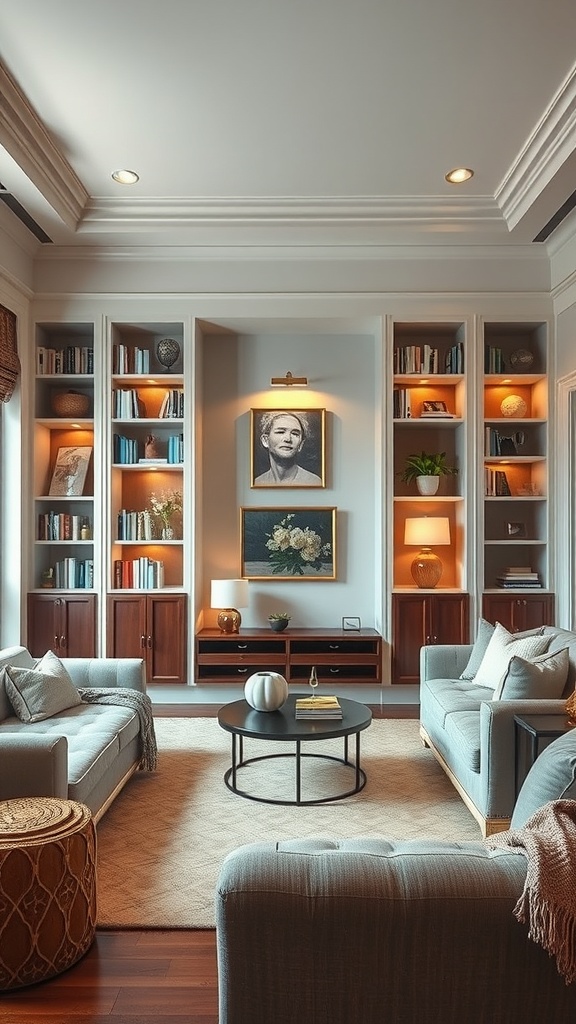 A cozy living room featuring built-in shelving with warm lighting, framed art, and comfortable seating.