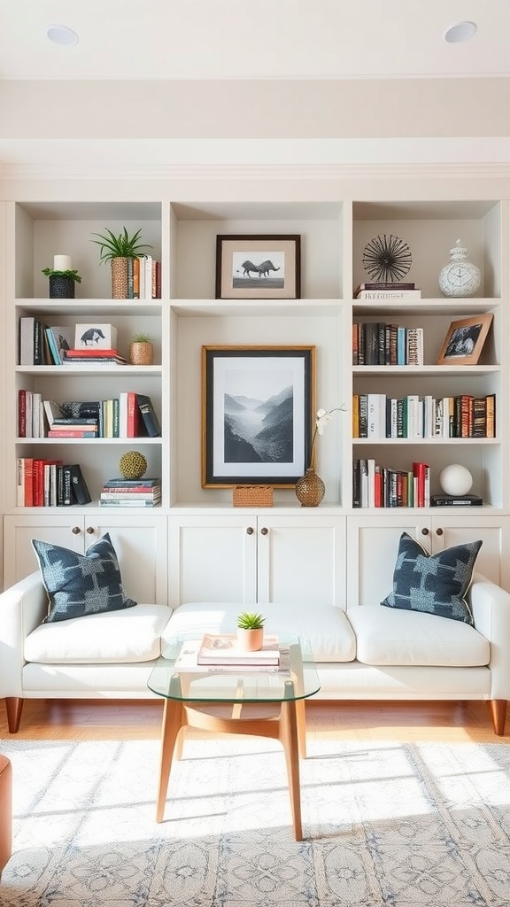 A cozy living room with built-in shelving displaying books and decor items, featuring a white sofa and a glass coffee table.
