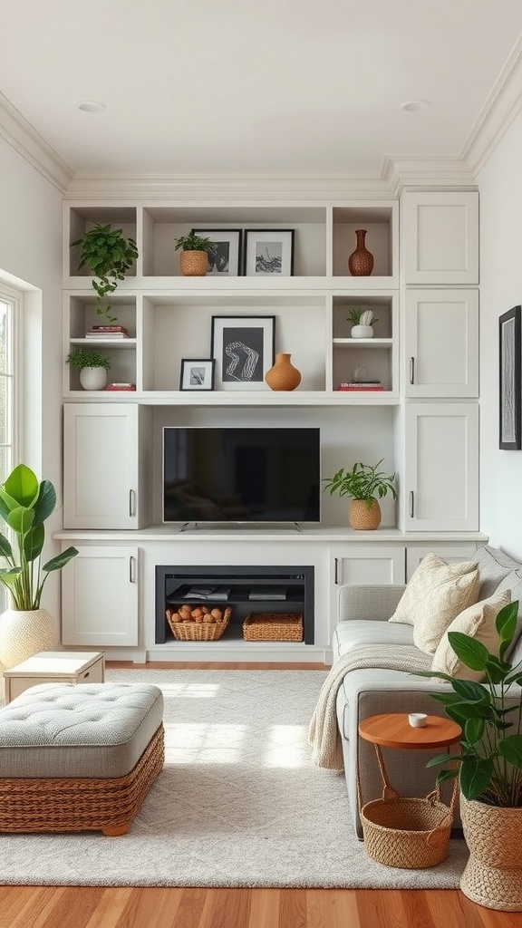 Stylish small family room with built-in storage, plants, and cozy seating