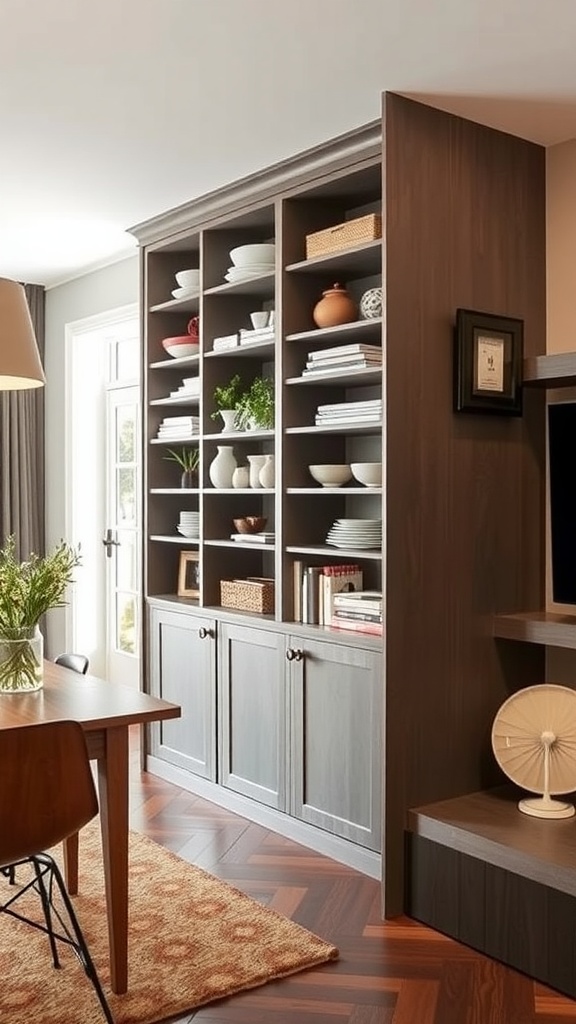 A dining room-living room combo featuring a large built-in storage unit with shelves displaying plates and decorative items, and closed cabinets for hidden storage.