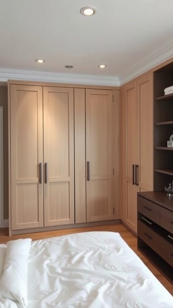 A small rectangular bedroom featuring built-in wardrobes and modern design elements.