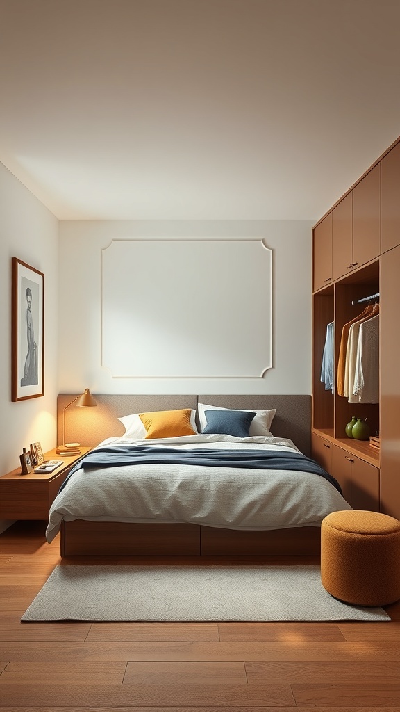 A small bedroom featuring a king bed and a built-in wardrobe, showcasing a cozy and organized space.
