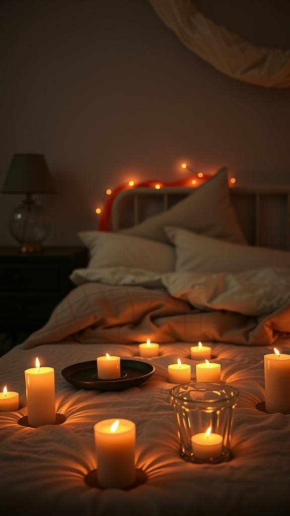 A cozy bedroom scene featuring various candles arranged on the bed and table, creating a soft glow.