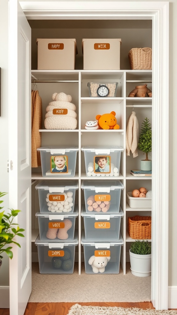 A toddler closet organized with clear storage bins, showing toys and clothes neatly arranged.