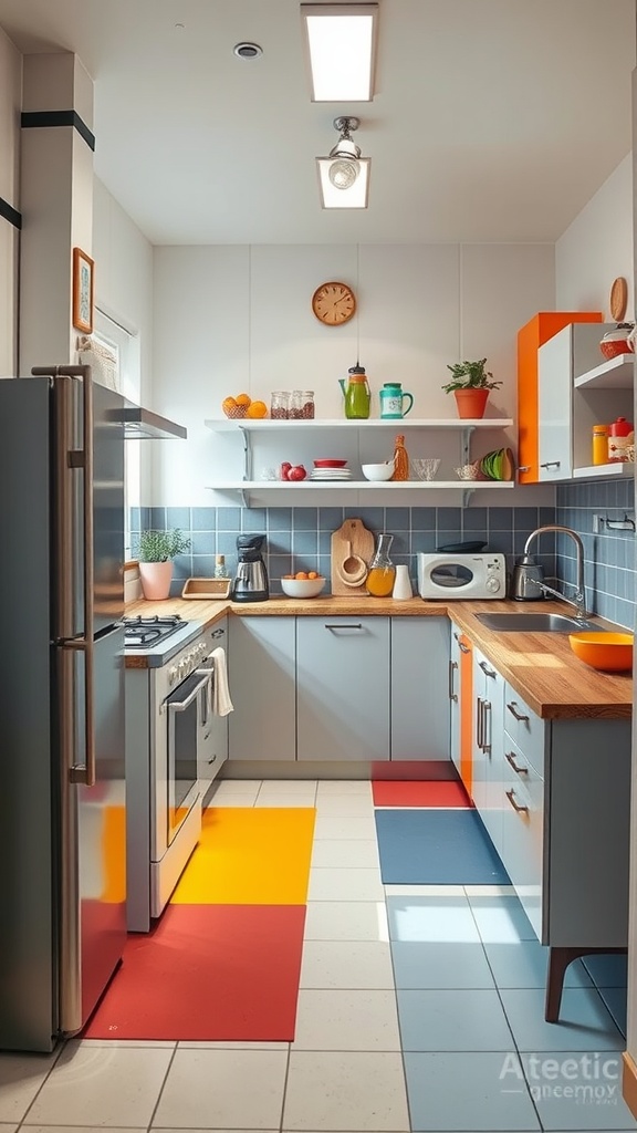 A small kitchen featuring colorful zones on the floor and organized shelves.