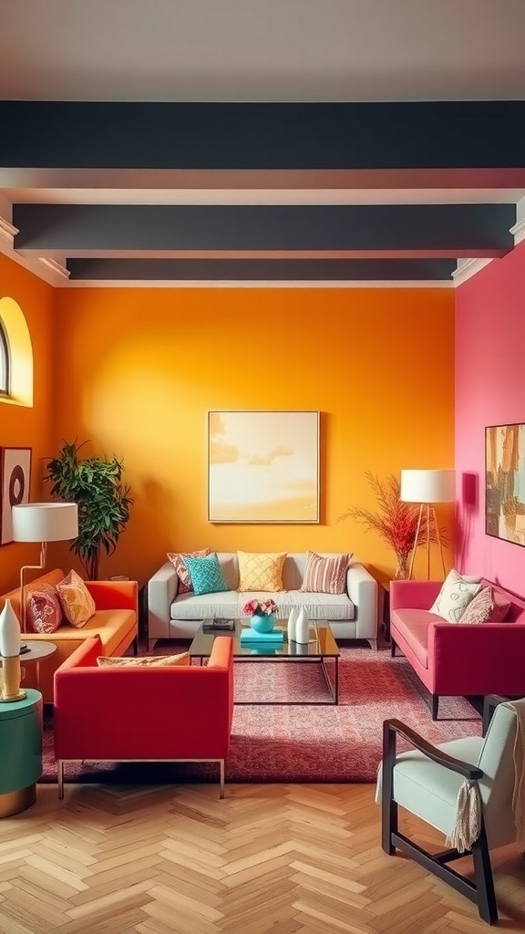 A colorful living room with vibrant orange and pink walls, featuring a mix of seating arrangements and decorative elements.