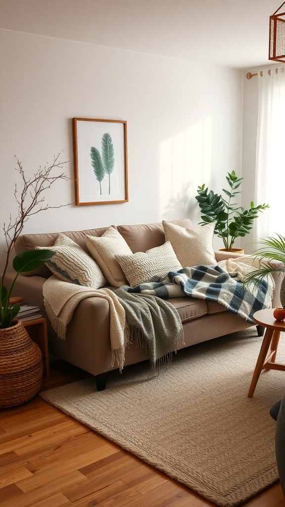 A cozy living room featuring a soft sofa with pillows and throws, plants, and warm lighting.