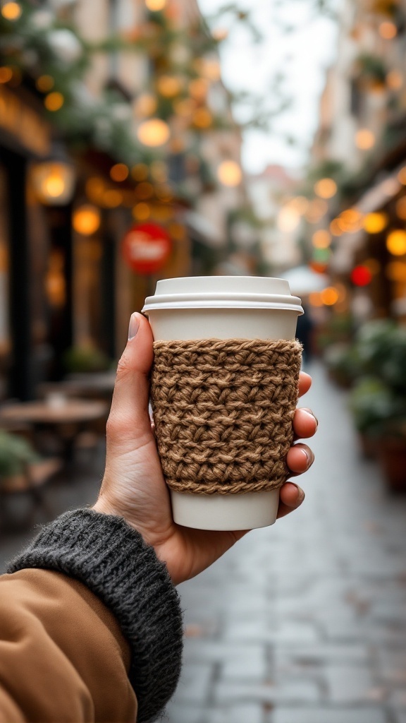 A hand holding a coffee cup with a crochet sleeve, set in a cozy street with warm lights.