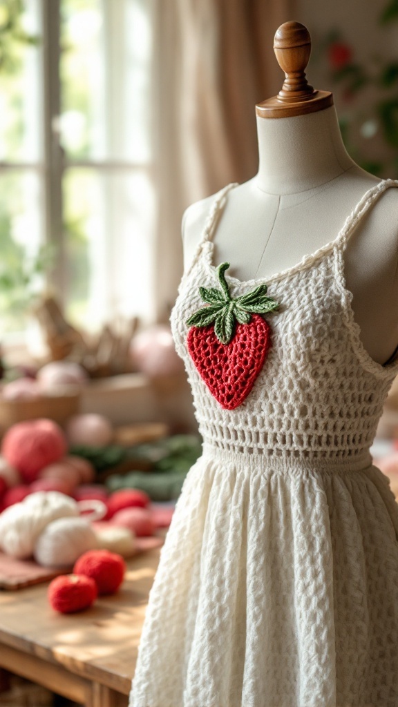 A white crochet dress with a red crochet strawberry on the chest, displayed on a mannequin.