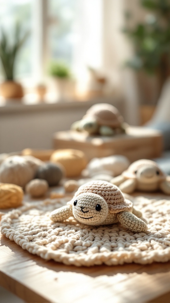A cheerful crochet turtle on a soft rug surrounded by other crochet creations and natural decor elements.