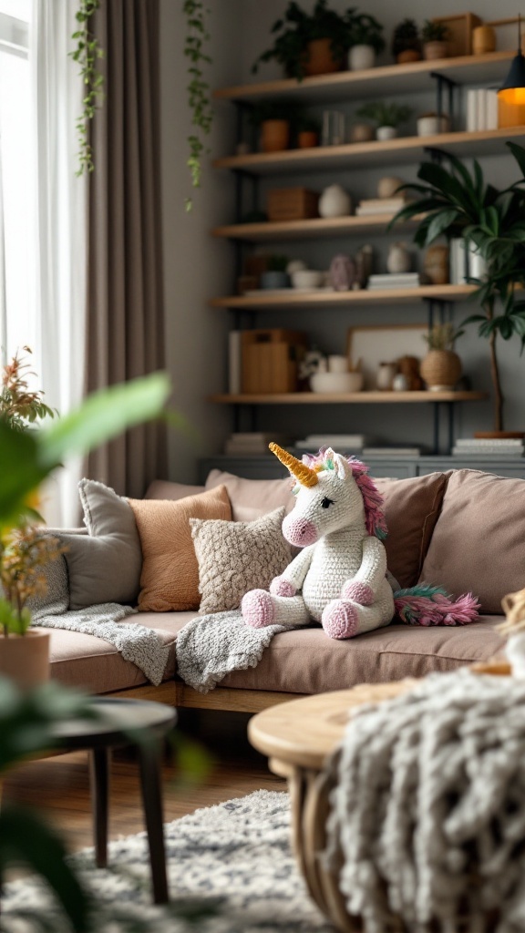 A cozy living room with a crochet unicorn plush toy on a sofa, surrounded by cushions and plants