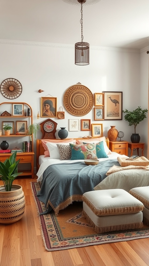 A cozy bohemian living room featuring cultural artifacts, plants, and a mix of textures.