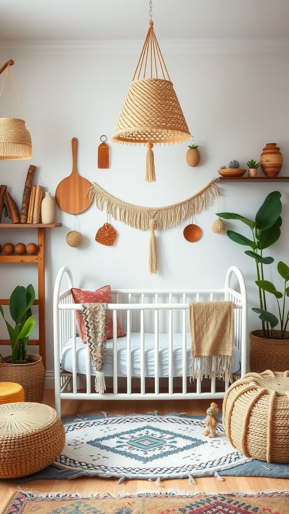 A cozy boho nursery featuring a crib, woven decor, and plants, showcasing cultural elements.