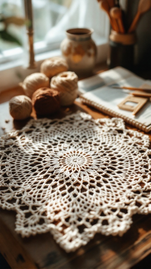 A crochet doily on a wooden table surrounded by yarn and crafting tools