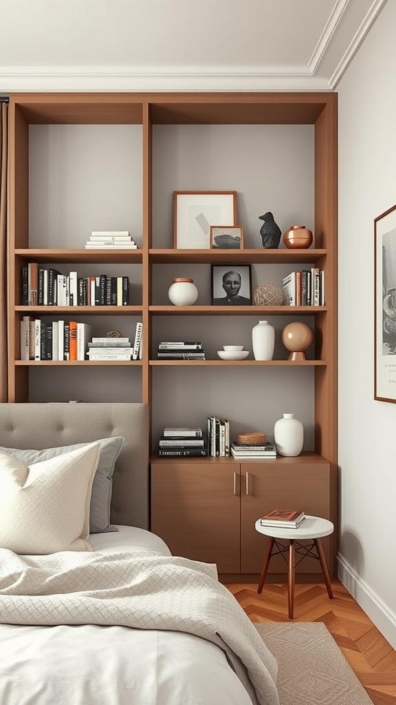 A neatly organized bookshelf featuring books and decorative objects, including vases and framed photos, in a cozy bedroom setting.