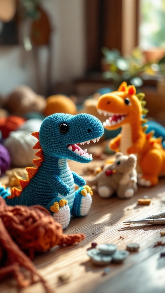 Colorful crocheted dinosaurs on a crafting table surrounded by yarn and crafting supplies.
