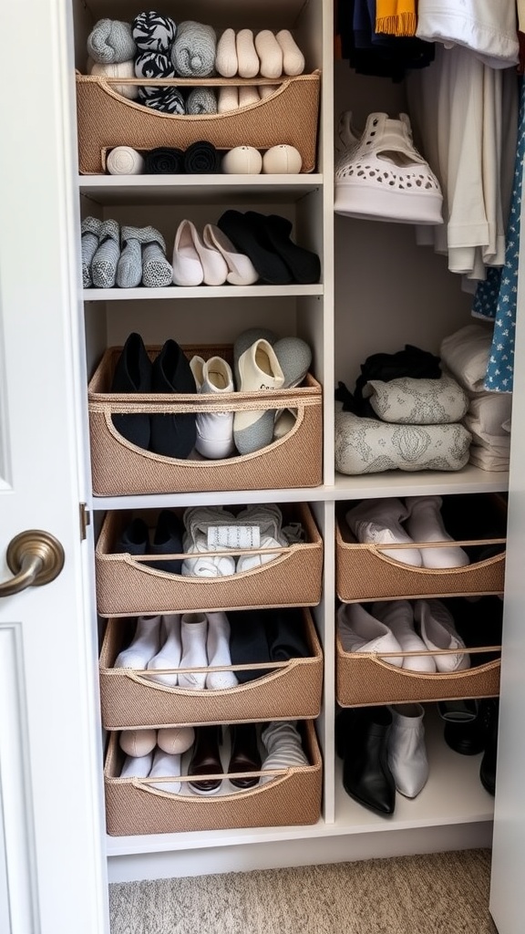 Organized closet with drawer organizers containing socks and shoes