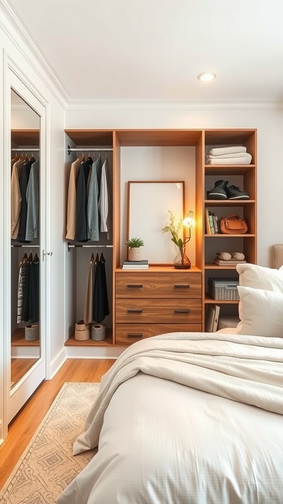 A small bedroom featuring a closet system with a dresser, mirror, and organized clothing storage.