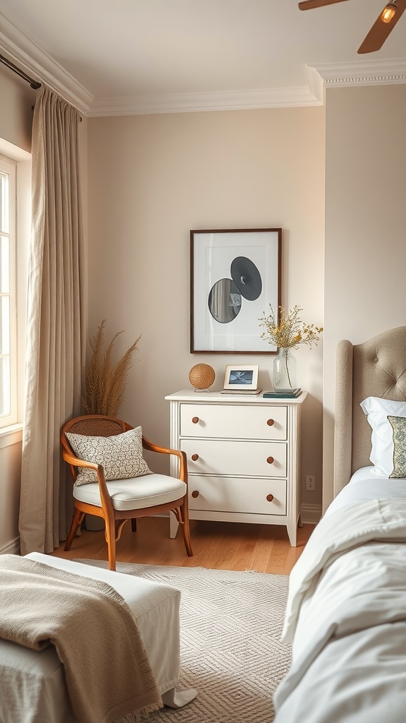 A cozy bedroom nook featuring a white dresser and a wooden chair beside a bed.
