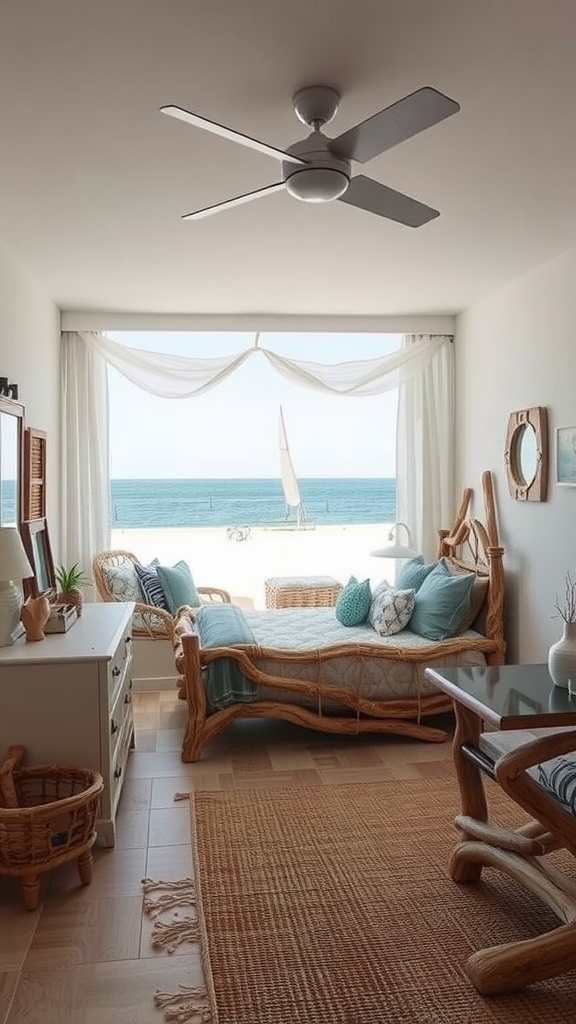 A bright beach bedroom with driftwood elements, featuring a view of the ocean.