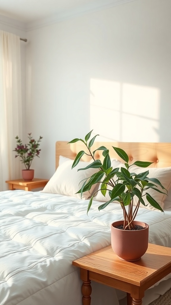 A cozy bedroom with a dusty rose theme featuring plants on bedside tables.