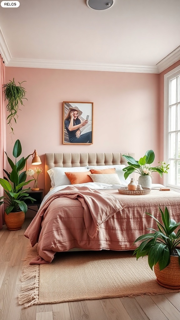 A cozy bedroom featuring dusty rose walls and bedding, complemented by various green plants in pots.