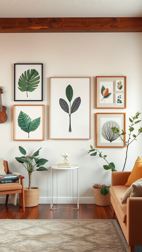 A cozy living room featuring earthy artwork and decor with botanical prints and indoor plants.
