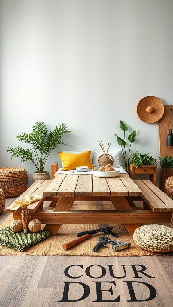 A low picnic table made of wood, surrounded by plants and natural decor, showcasing an eco-friendly setup.