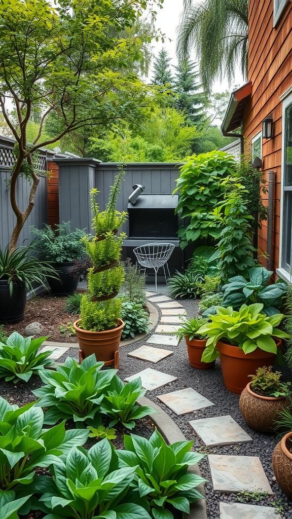 A well-designed backyard with a stone pathway, potted plants, and a barbecue grill, showcasing a blend of ornamental and edible plants.