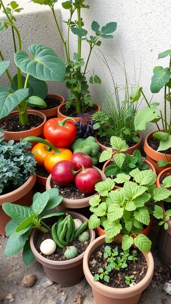 A small garden featuring various edible plants and fruits in pots.