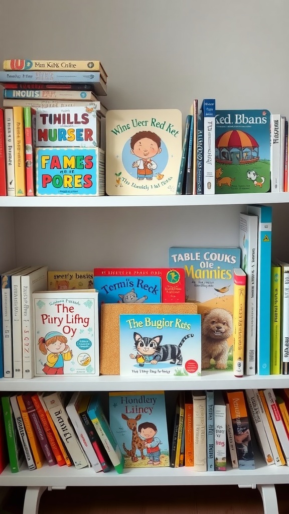 A nursery bookshelf filled with colorful children's books on white shelves.