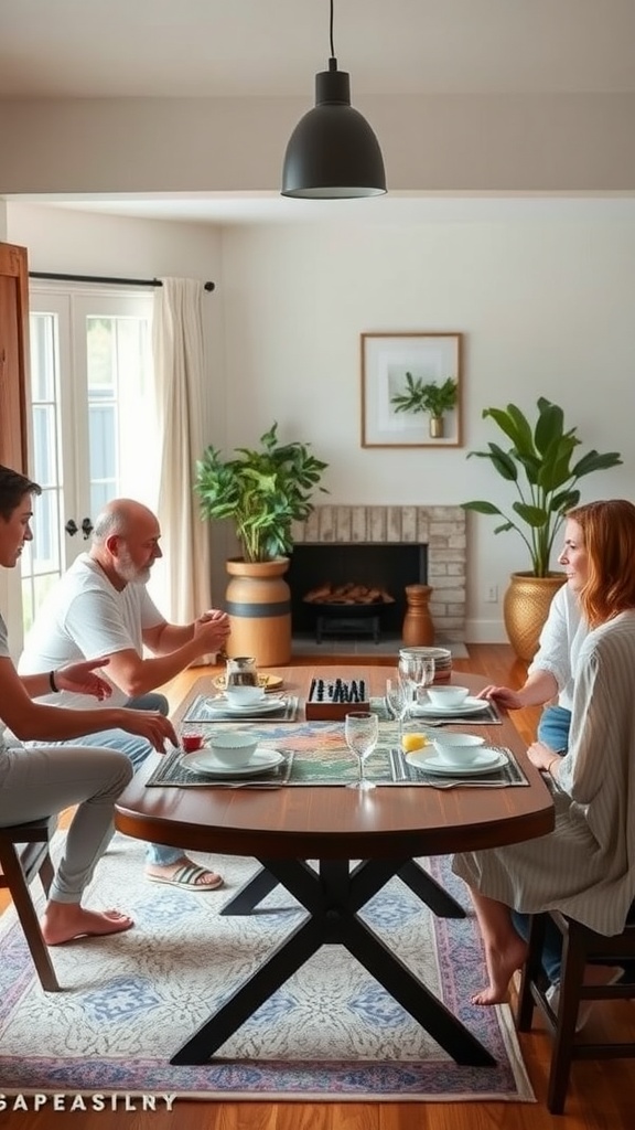 Family enjoying a game night in a cozy room with a table set for snacks