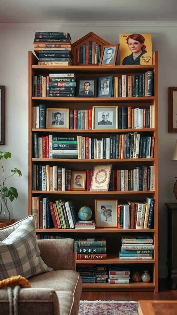 A wooden bookshelf filled with books and framed family photos, showcasing a blend of family history and literature.