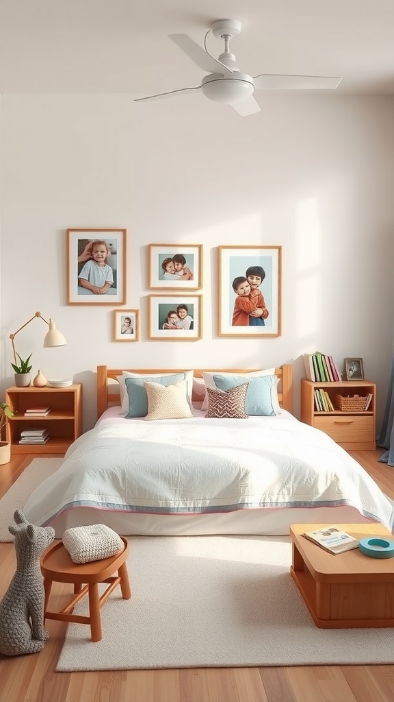 A cozy Montessori toddler bedroom featuring family photos on the wall, a bed with colorful pillows, and a small wooden table.