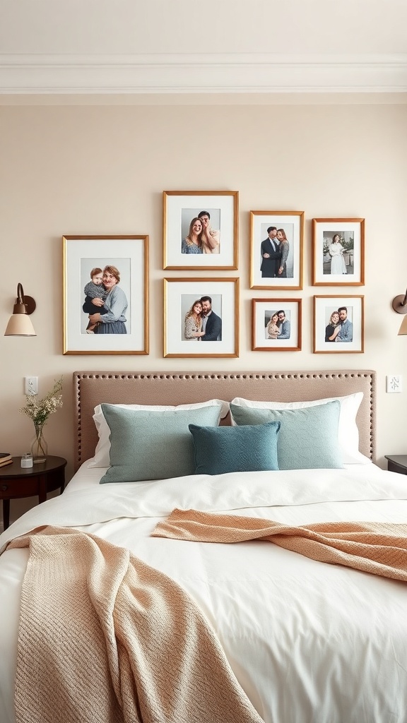 A chic bedroom featuring a wall of family photos in gold frames above a neatly made bed with decorative pillows.